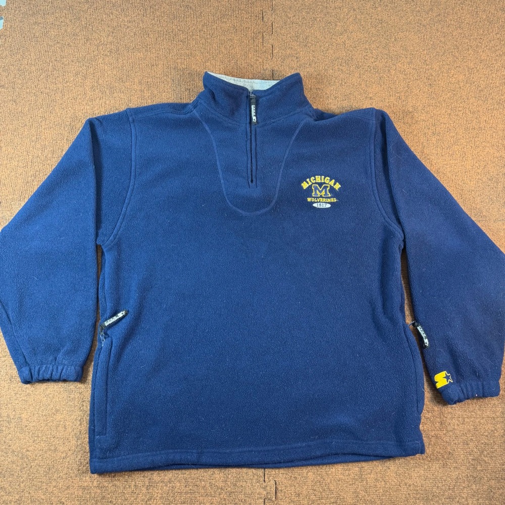 B- Starter Michigan Wolverines Fleece Quarter Zip Pullover Navy Blue Mens Large